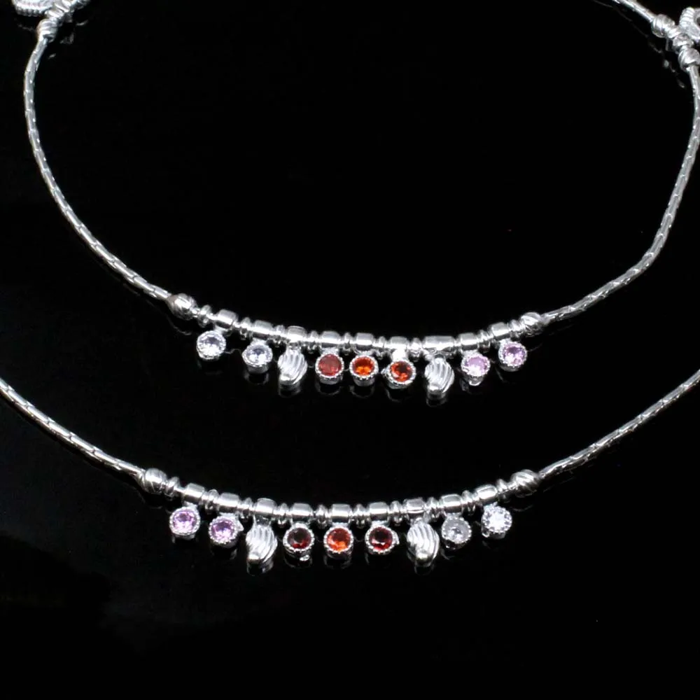 Beautiful Indian Women Real Sterling Silver CZ Anklets Bracelet Pair 10.3"