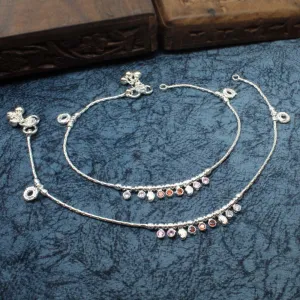 Beautiful Indian Women Real Sterling Silver CZ Anklets Bracelet Pair 10.3"