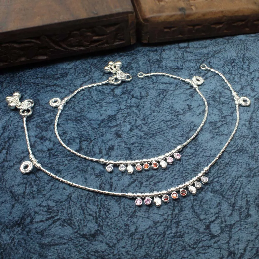 Beautiful Indian Women Real Sterling Silver CZ Anklets Bracelet Pair 10.3"
