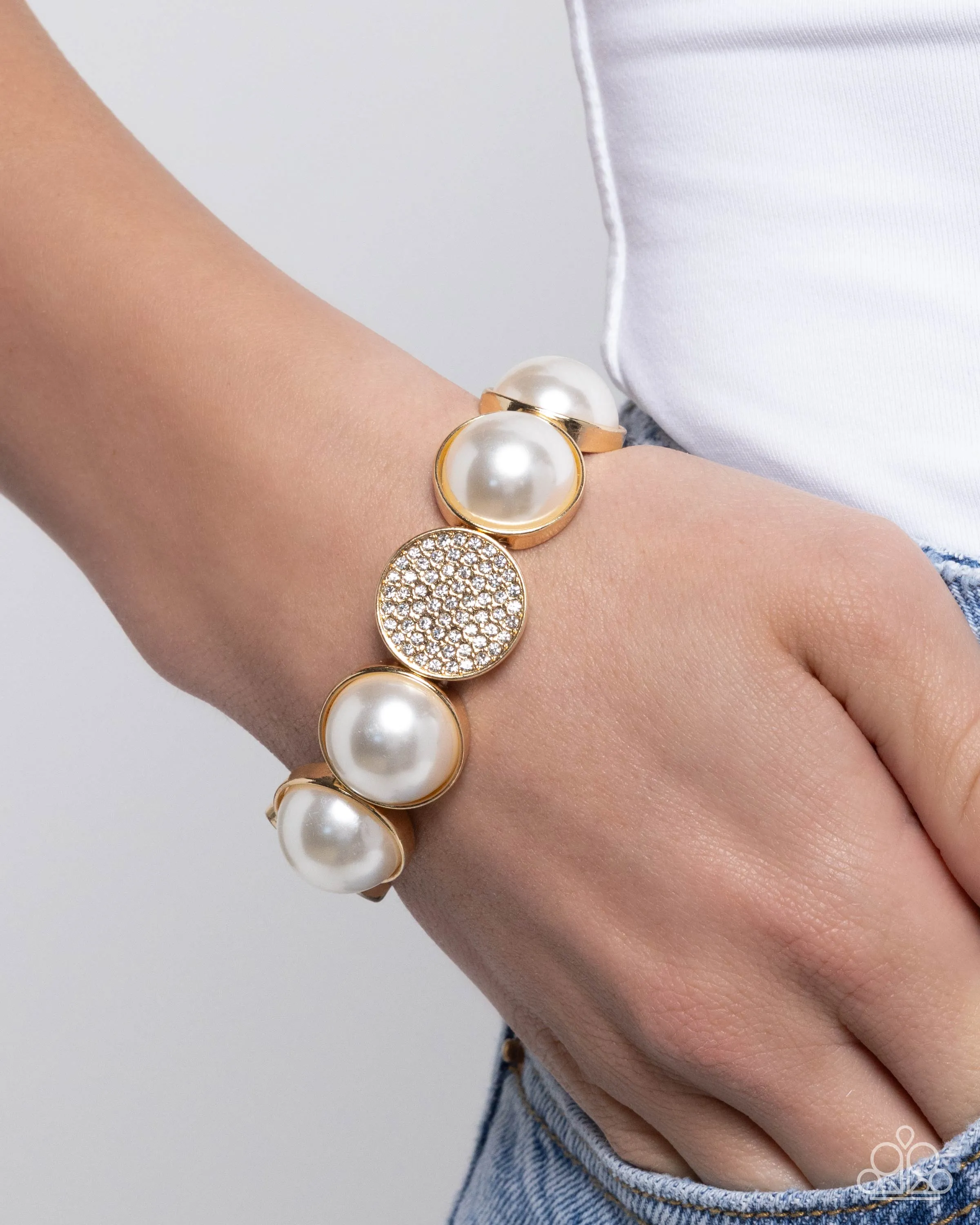 Believable Bling - Gold - White Pearl and Rhinestone Paparazzi Stretchy Bracelet