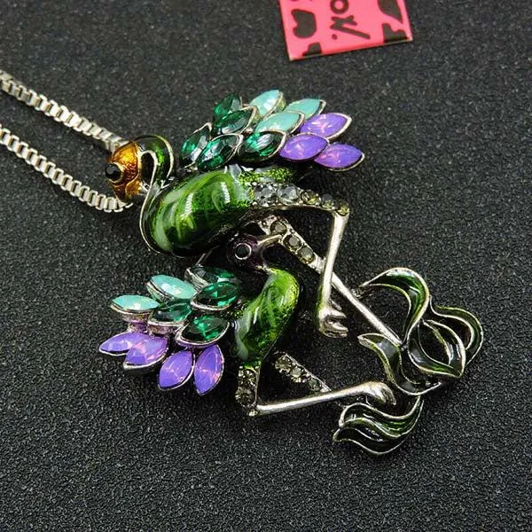 Betsey Johnson Flamingo Purple & Green With Baby Pendant Necklace