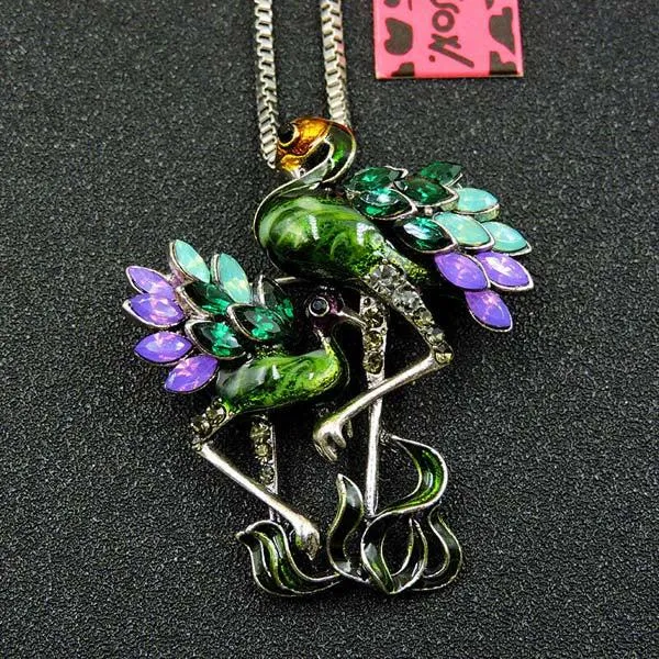 Betsey Johnson Flamingo Purple & Green With Baby Pendant Necklace