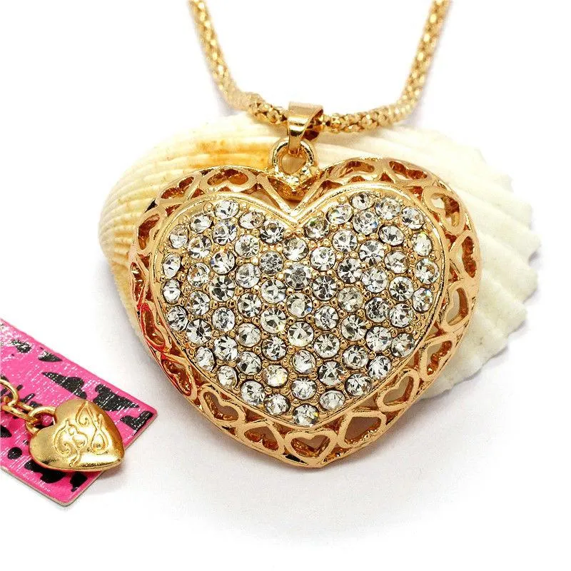 Betsey Johnson Heart White Crystals Gold Pendant Necklace