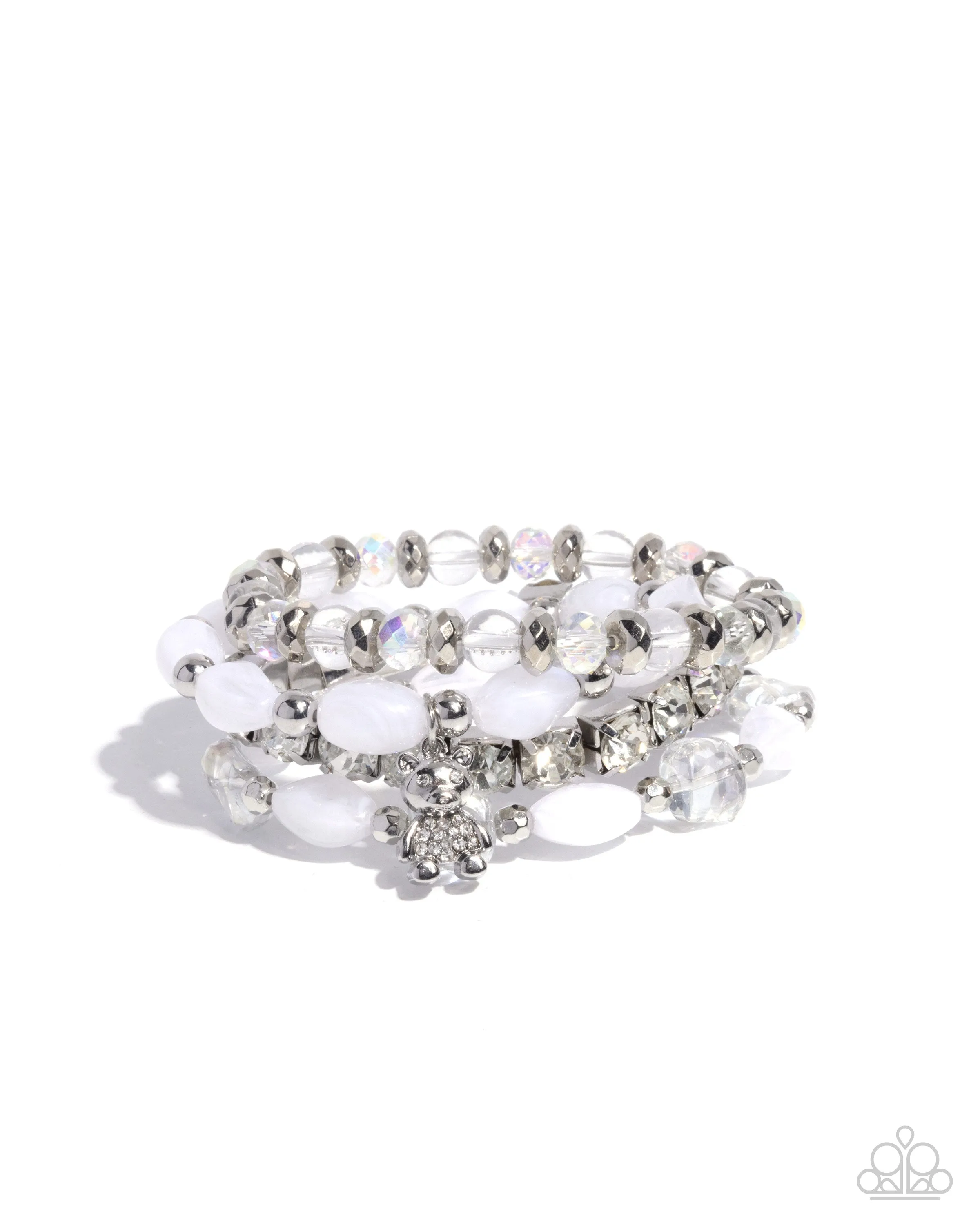 Bewitching Bear - White - Rhinestone and Silver Bead Teddy Bear Charm Paparazzi Stretchy Bracelet
