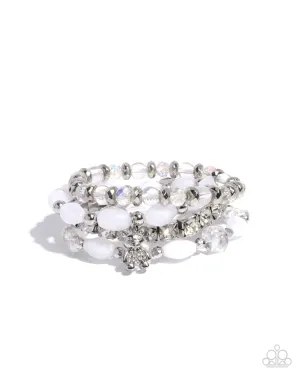 Bewitching Bear - White - Rhinestone and Silver Bead Teddy Bear Charm Paparazzi Stretchy Bracelet
