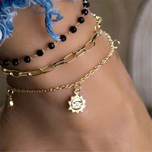 Black Bead & 18K Gold Plated Sun Figaro Anklet Set