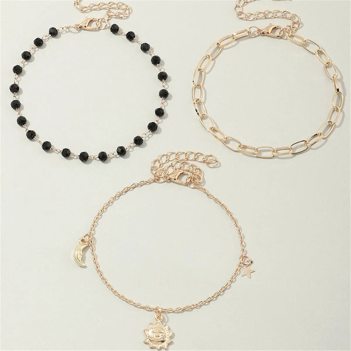 Black Bead & 18K Gold Plated Sun Figaro Anklet Set