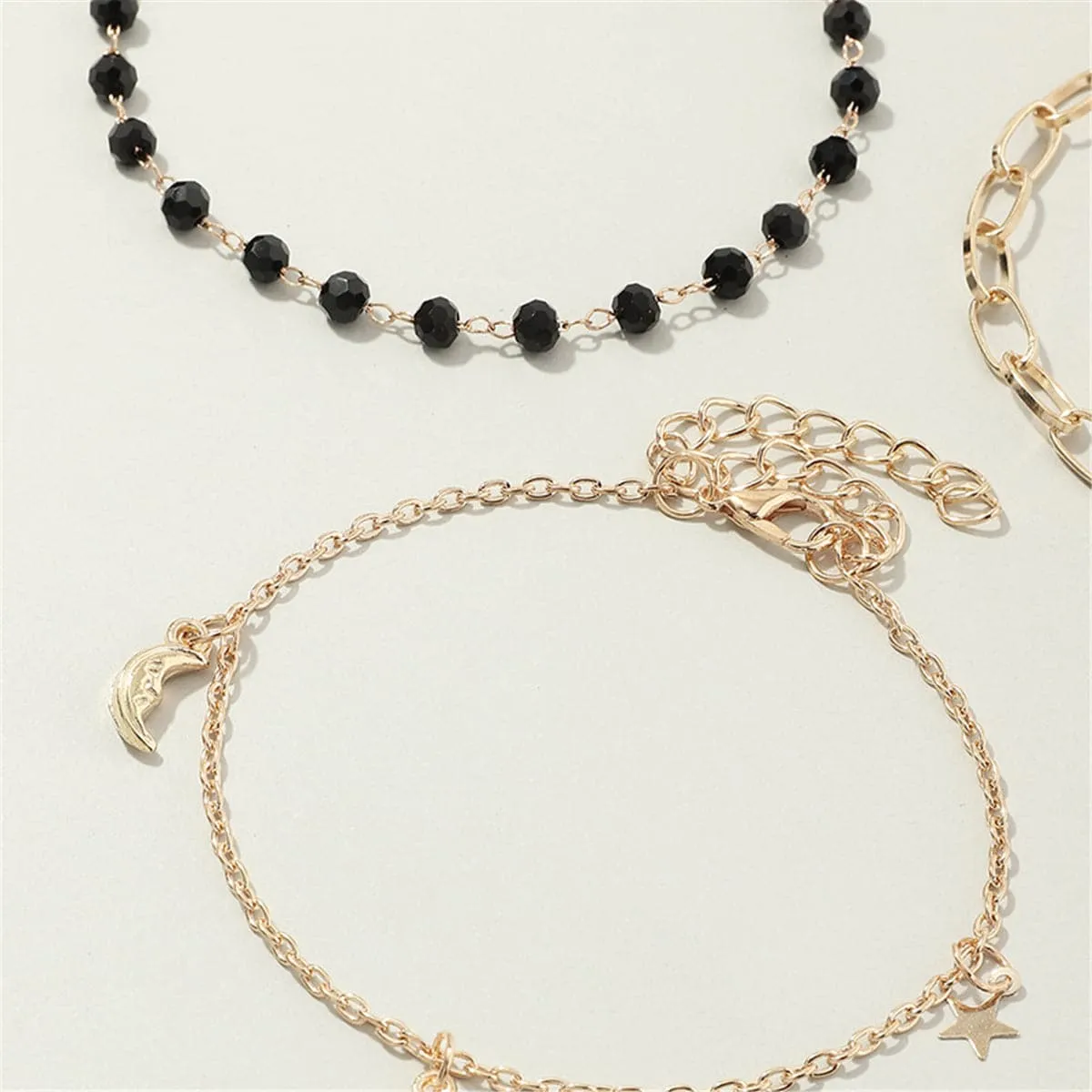 Black Bead & 18K Gold Plated Sun Figaro Anklet Set