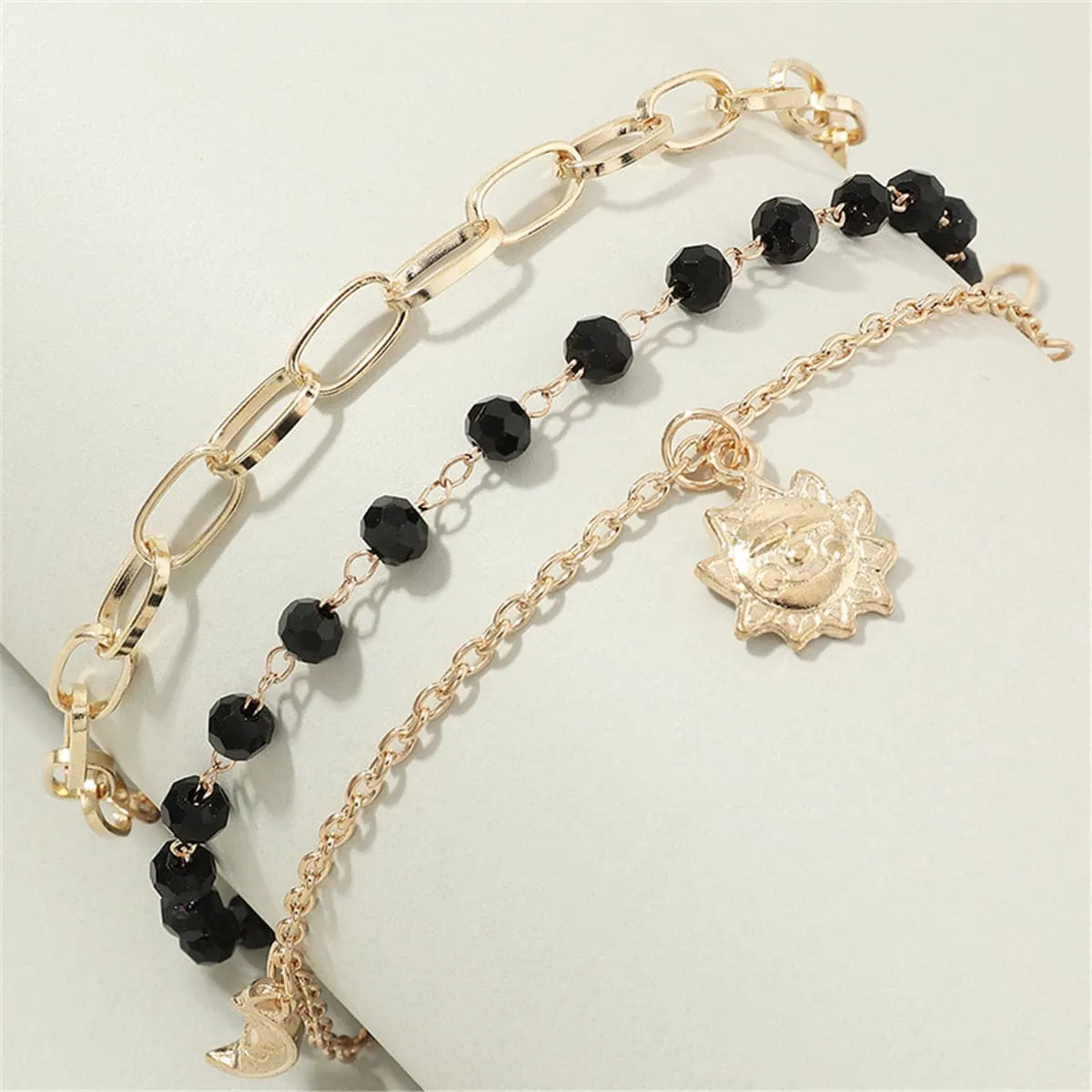 Black Bead & 18K Gold Plated Sun Figaro Anklet Set