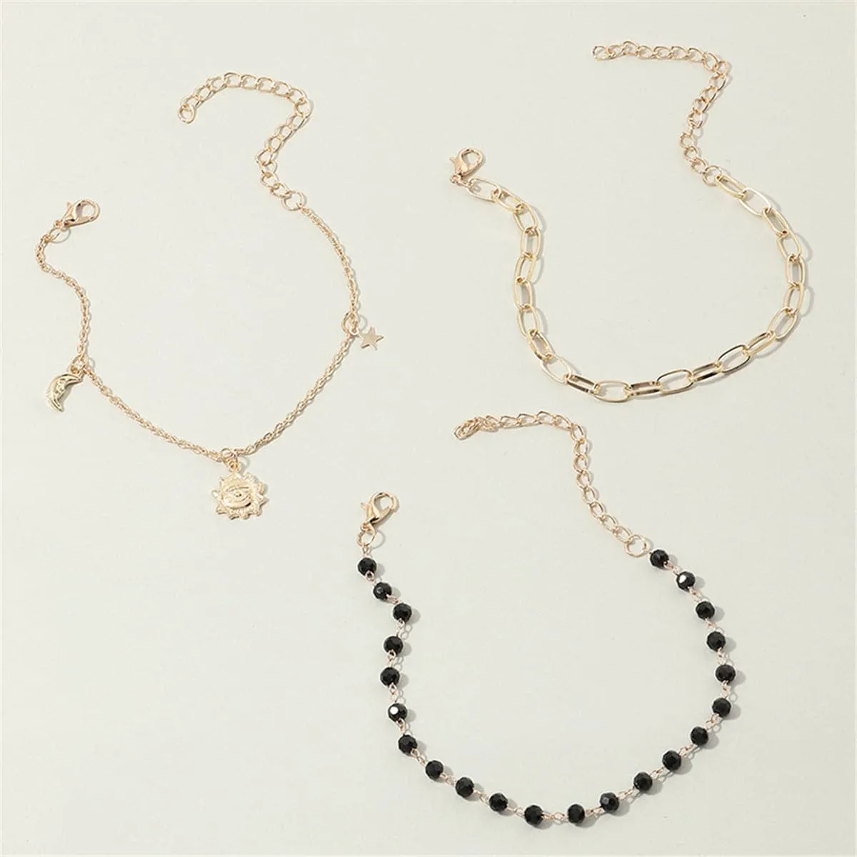 Black Bead & 18K Gold Plated Sun Figaro Anklet Set