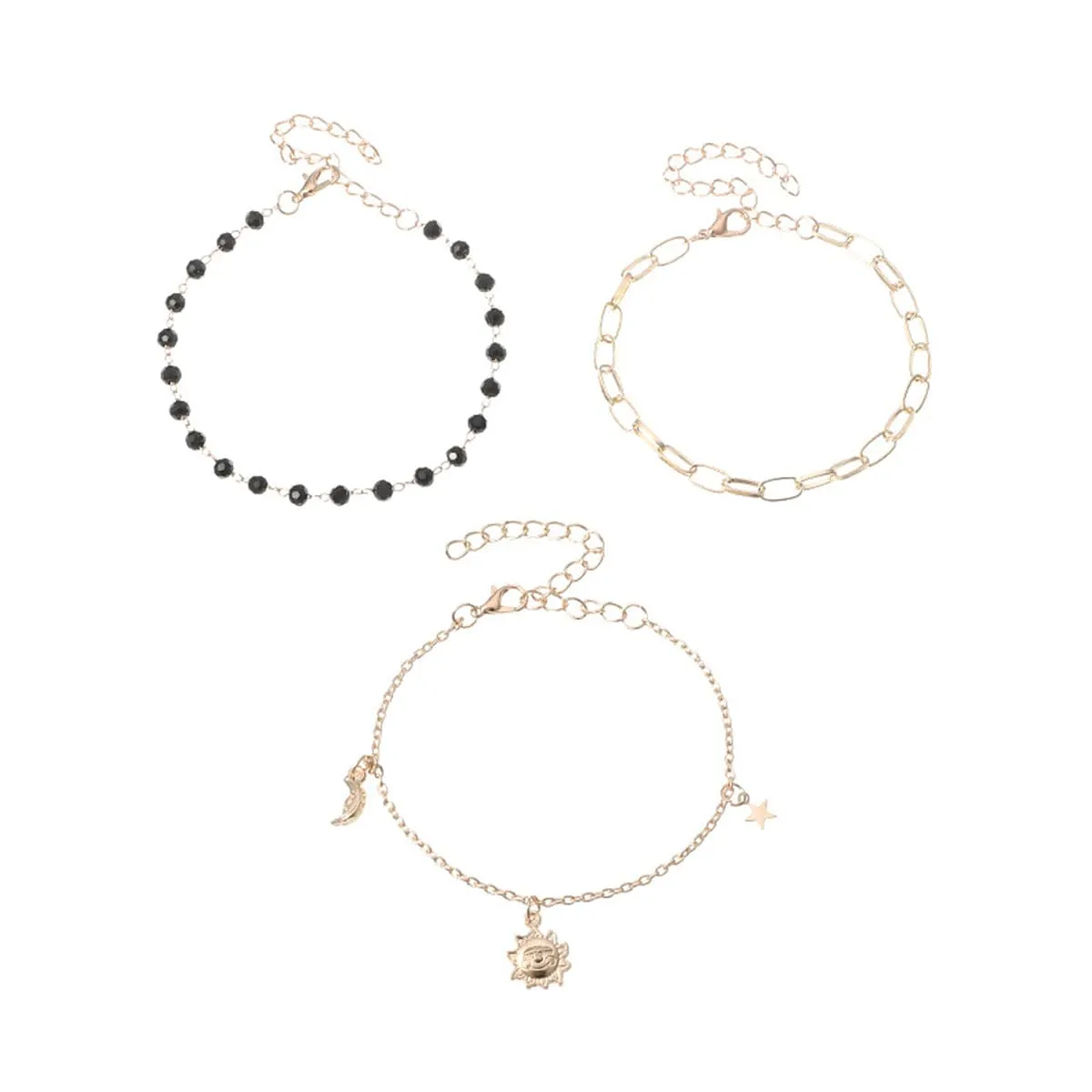 Black Bead & 18K Gold Plated Sun Figaro Anklet Set