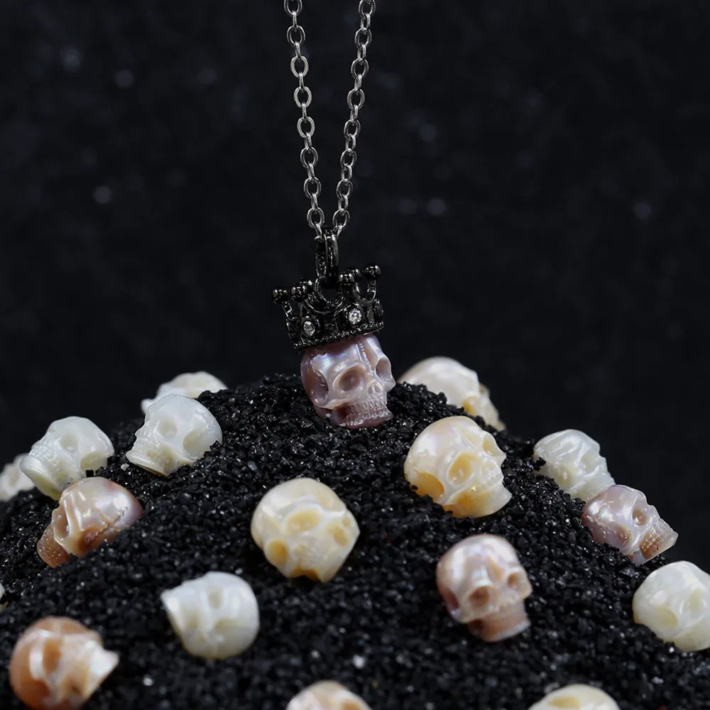 Black Crown CZ Pearl Skull Pendant Necklace