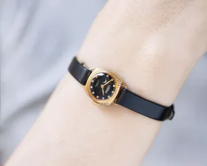 Black watch for women gold plated Cornavin, lady watch vintage jewelry limited edition, lady watch sunburst case, new premium leather strap