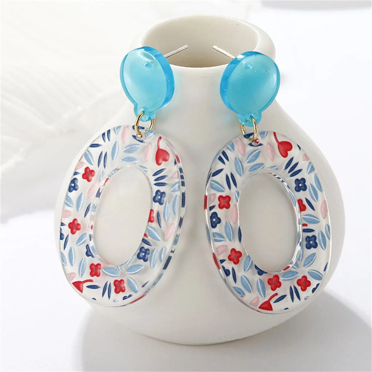 Blue & Red Acrylic Circular Floral Earrings