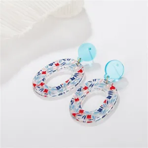 Blue & Red Acrylic Circular Floral Earrings