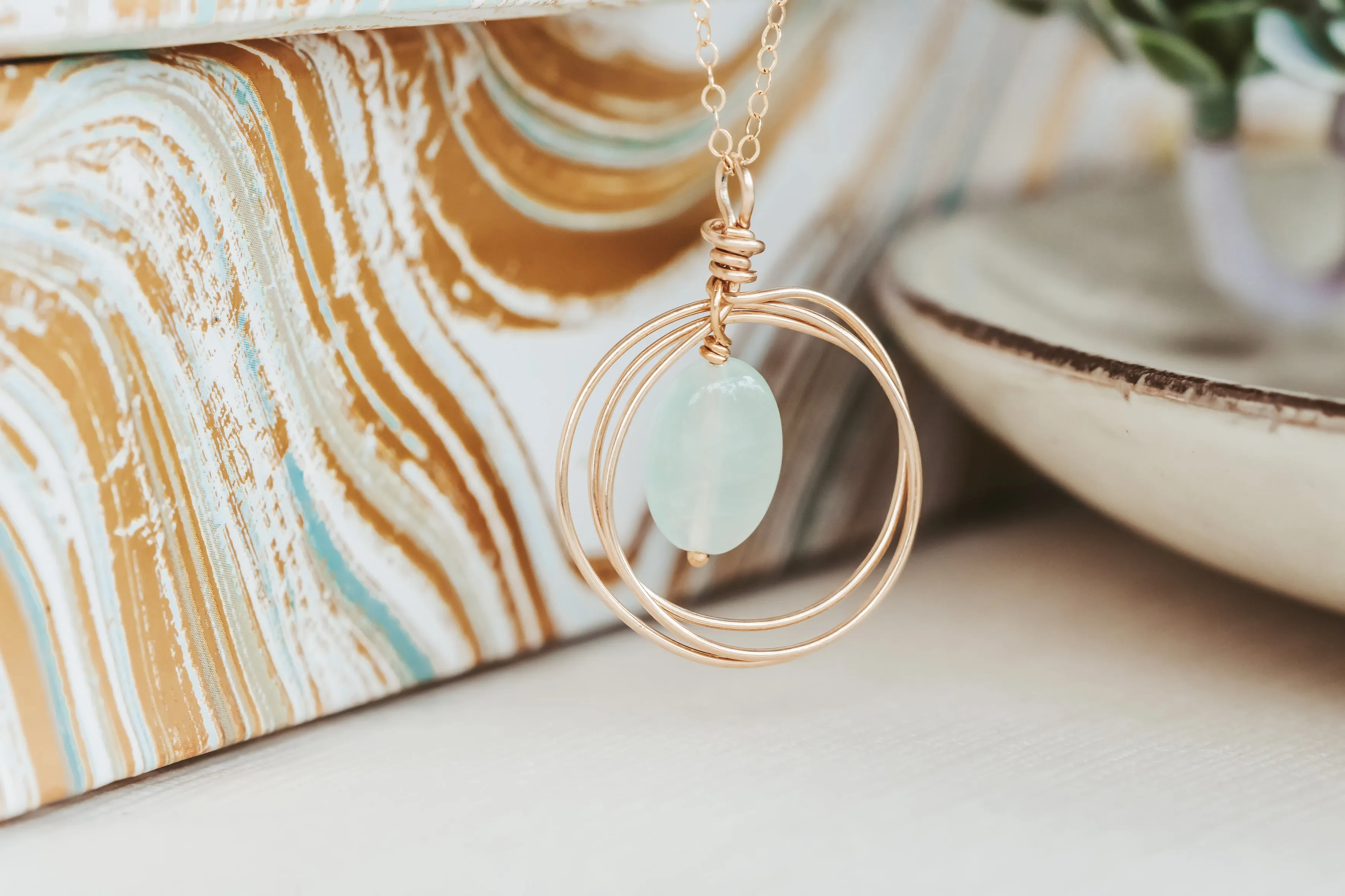 Blue Chalcedony Circle Pendant Gold Filled Necklace