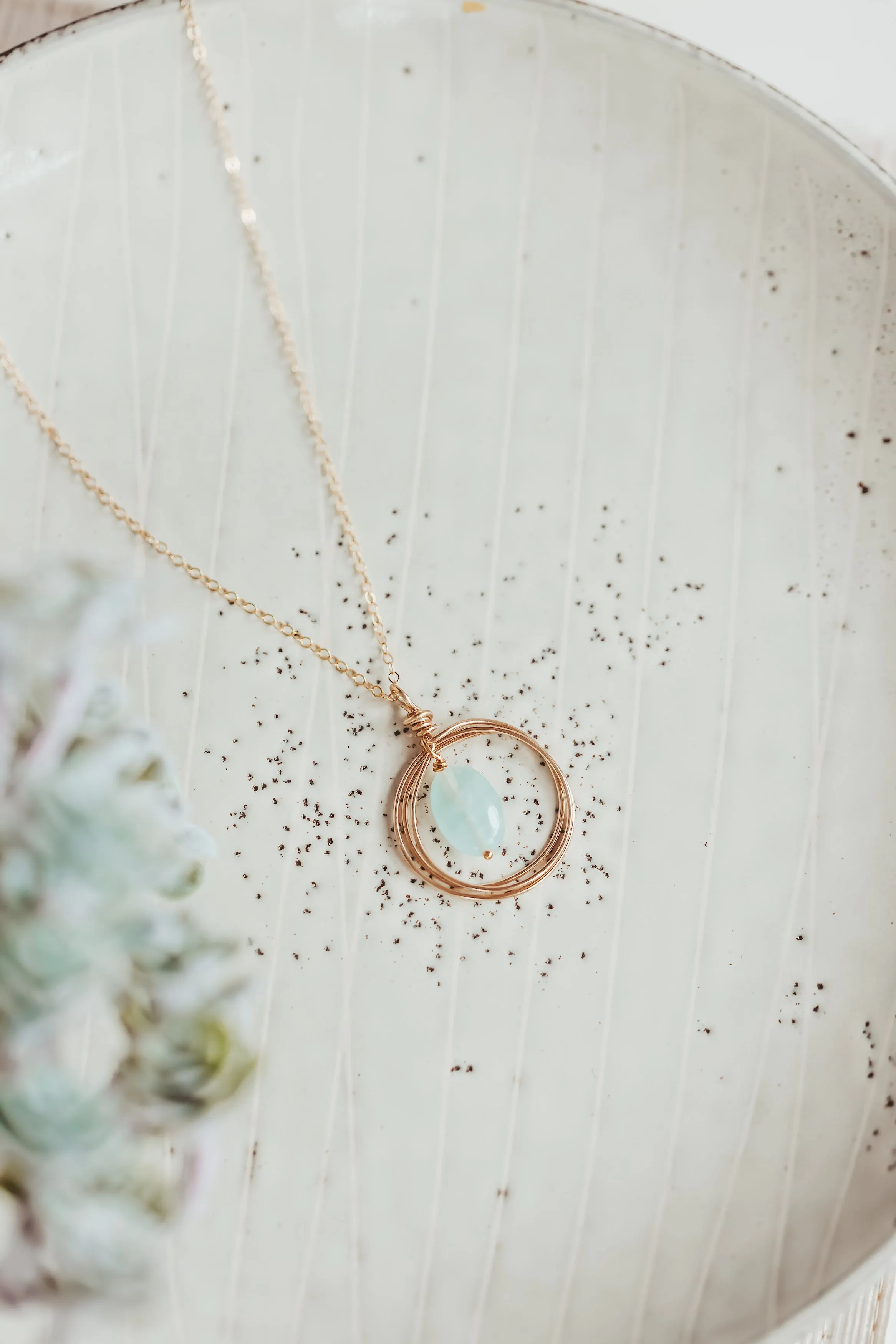 Blue Chalcedony Circle Pendant Gold Filled Necklace