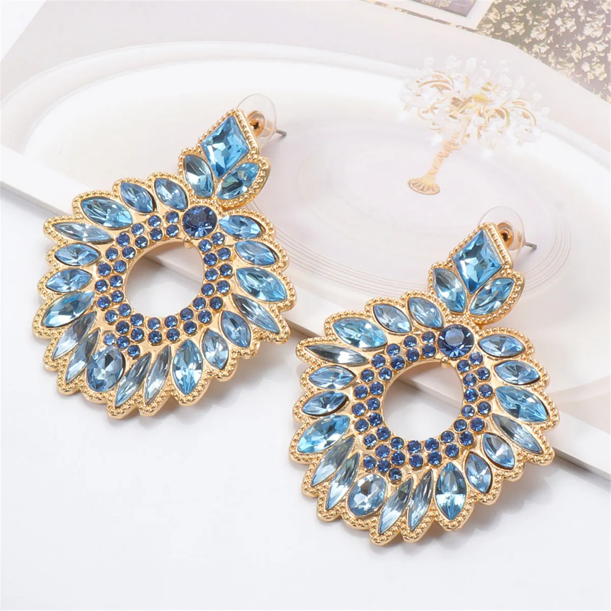 Blue Crystal & Cubic Zirconia Geometric Drop Earrings