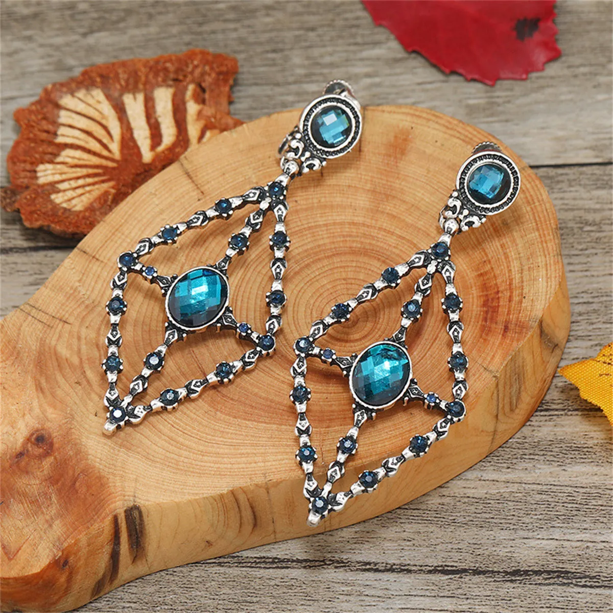 Blue Crystal & Cubic Zirconia Rhombus Drop Earring