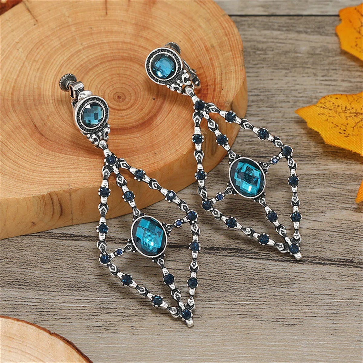 Blue Crystal & Cubic Zirconia Rhombus Drop Earring