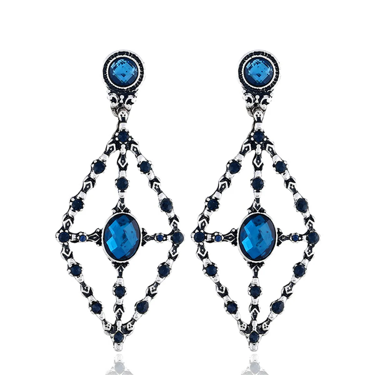 Blue Crystal & Cubic Zirconia Rhombus Drop Earring