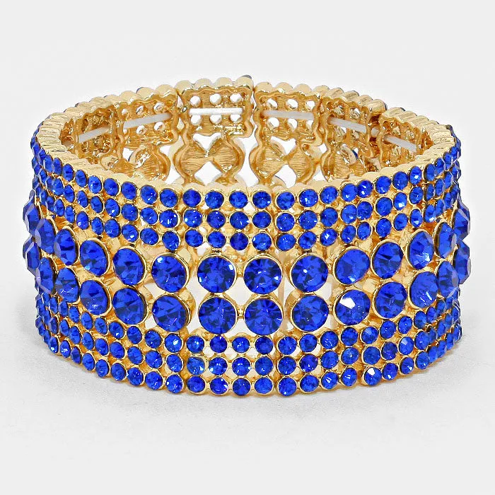 Blue Crystal Rhinestone Stretch Pageant Bracelet on Gold | Prom Bracelet | 296562