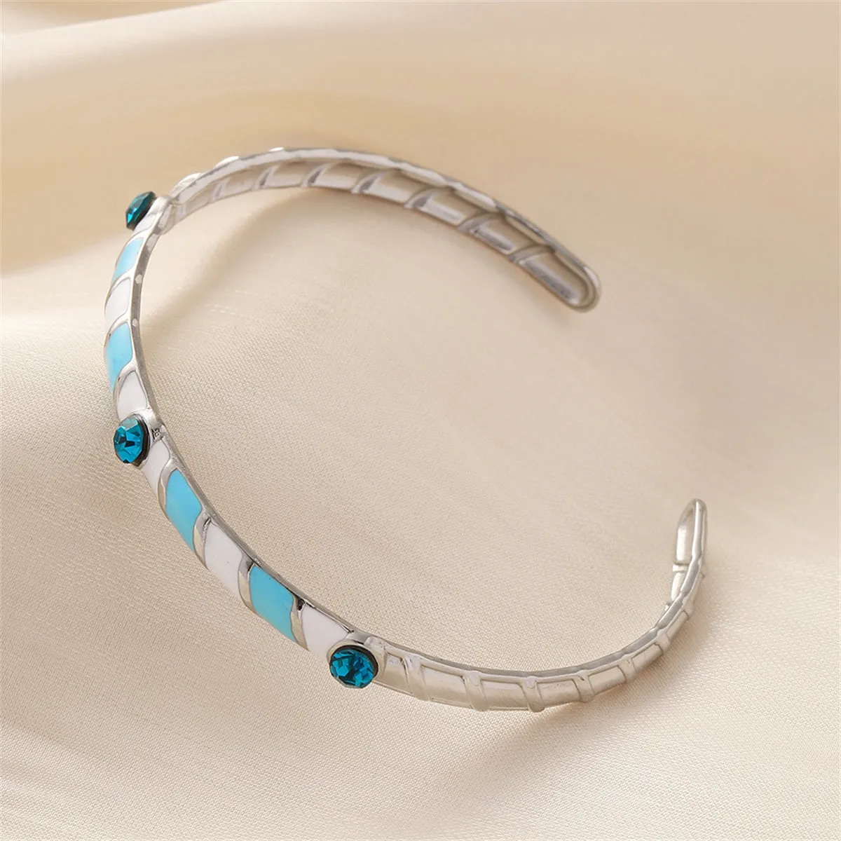 Blue Cubic Zirconia & Stainless Steel Stripe Cuff