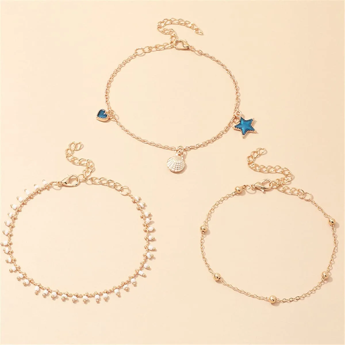 Blue Enamel & 18K Gold-Plated Star Anklet Set