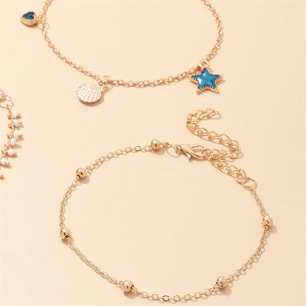 Blue Enamel & 18K Gold-Plated Star Anklet Set