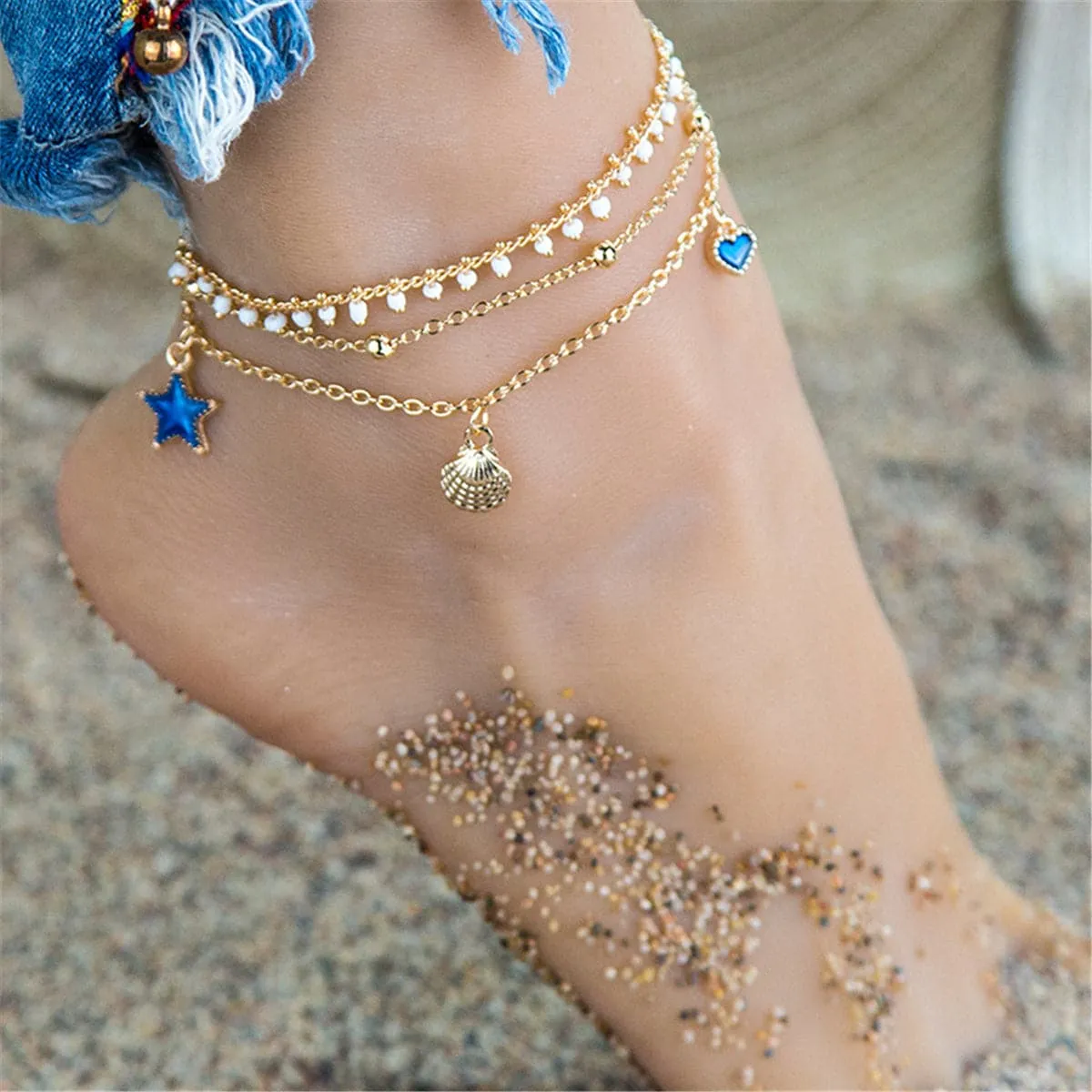 Blue Enamel & 18K Gold-Plated Star Anklet Set
