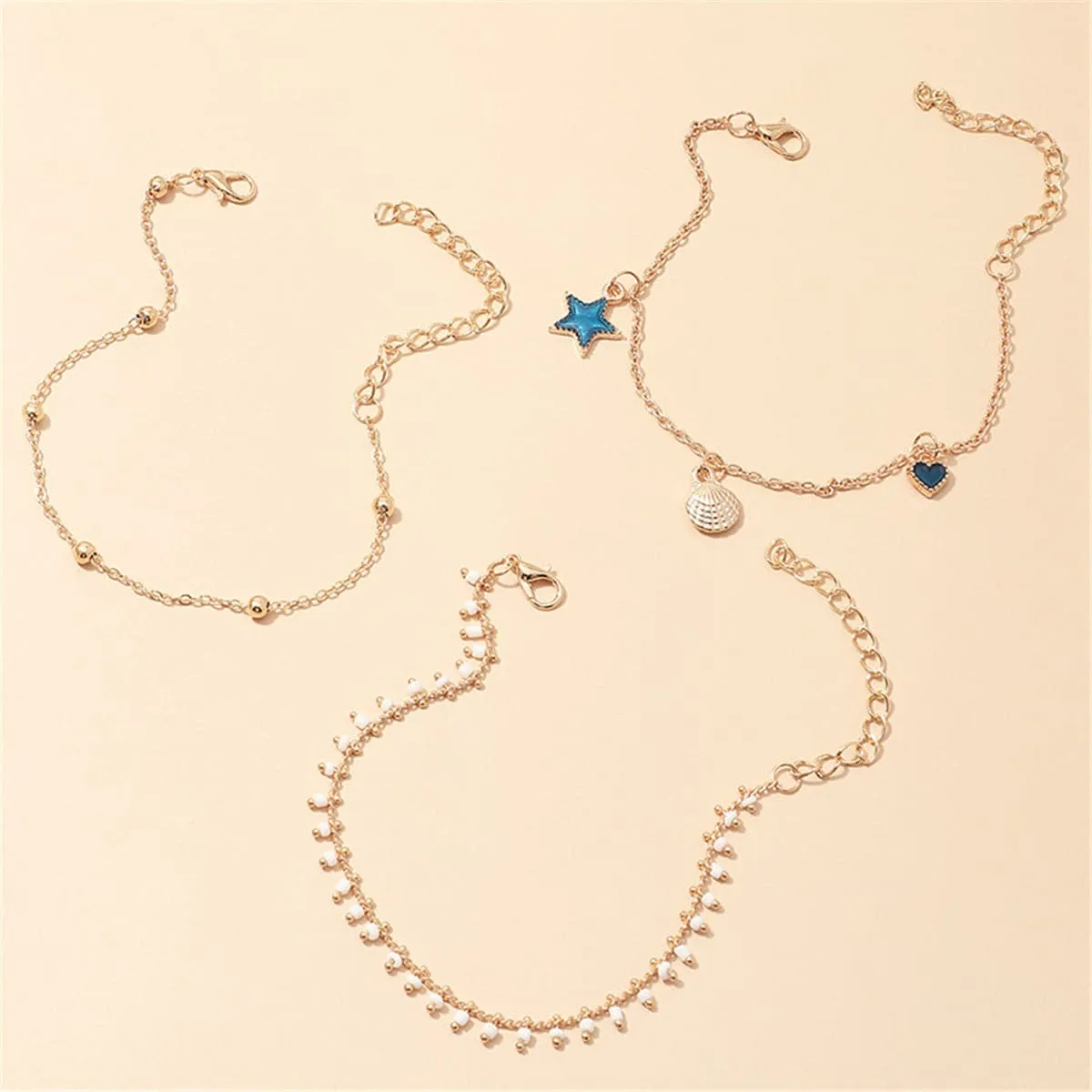 Blue Enamel & 18K Gold-Plated Star Anklet Set