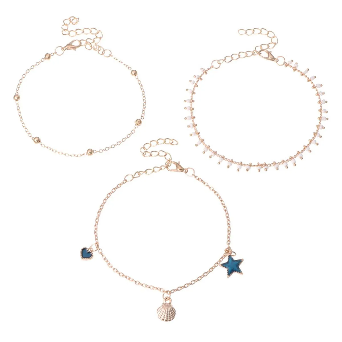 Blue Enamel & 18K Gold-Plated Star Anklet Set