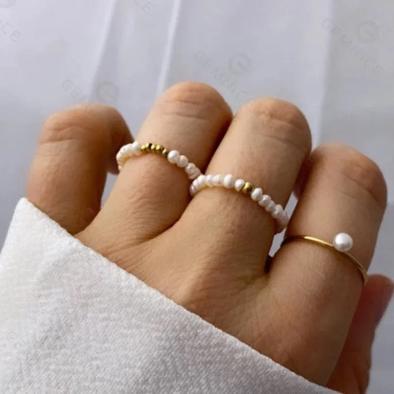 Boho & Mala Beaded Freshwater Rice Pearl 18k Gold Ring R1000