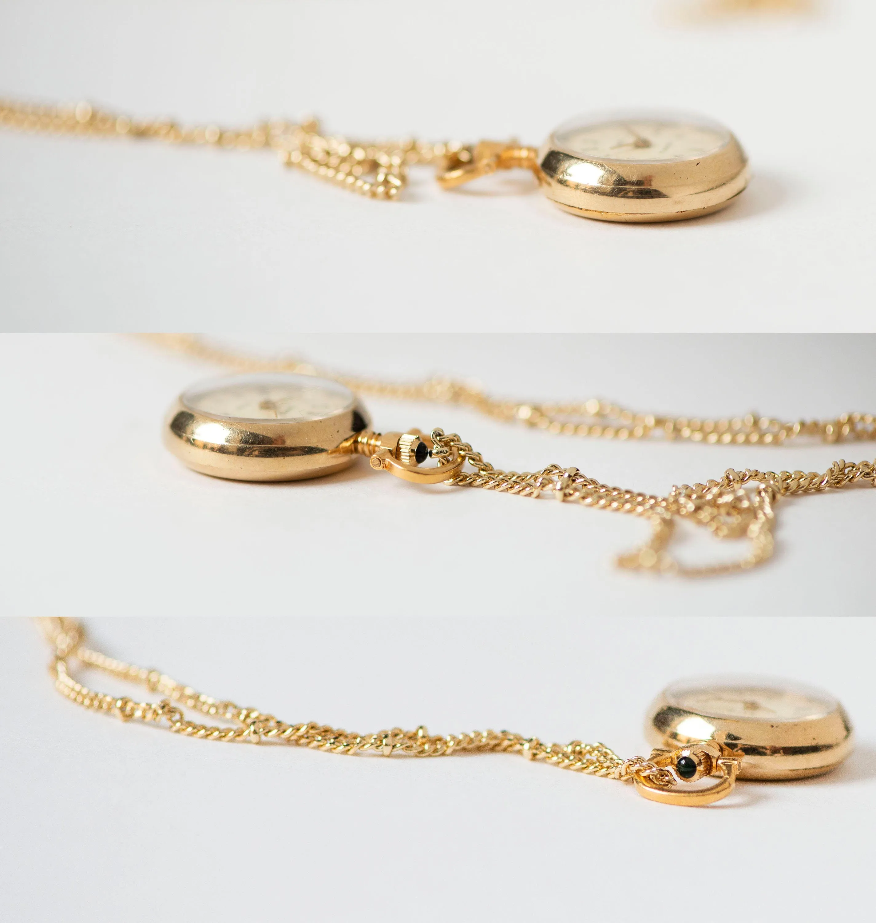Boho necklace watch Dawn with rose pattern on backside, vintage gold plated pendant watch Roman numerals dial, delicate round neck accessory