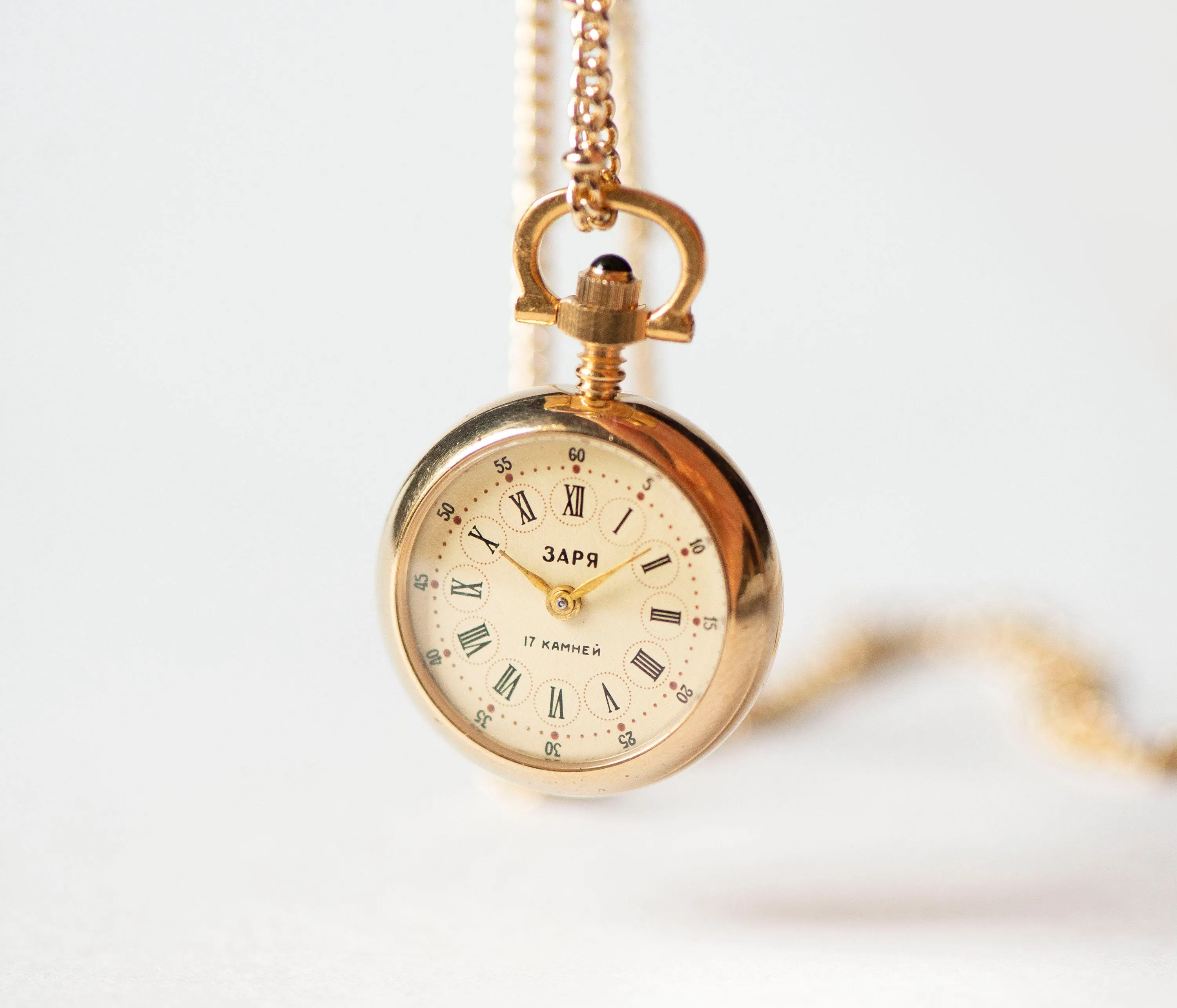 Boho necklace watch Dawn with rose pattern on backside, vintage gold plated pendant watch Roman numerals dial, delicate round neck accessory