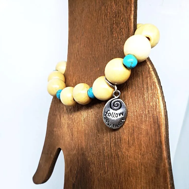 Boho "Follow Your Heart" Charm Bracelet with Turquoise Howlite & Natural Wood Beads  Handmade Bracelet
