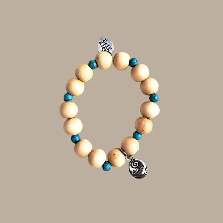 Boho "Follow Your Heart" Charm Bracelet with Turquoise Howlite & Natural Wood Beads  Handmade Bracelet