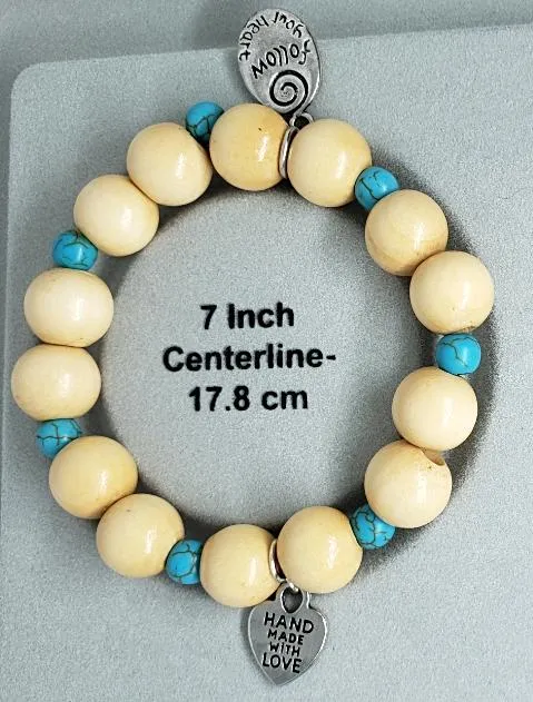 Boho "Follow Your Heart" Charm Bracelet with Turquoise Howlite & Natural Wood Beads  Handmade Bracelet