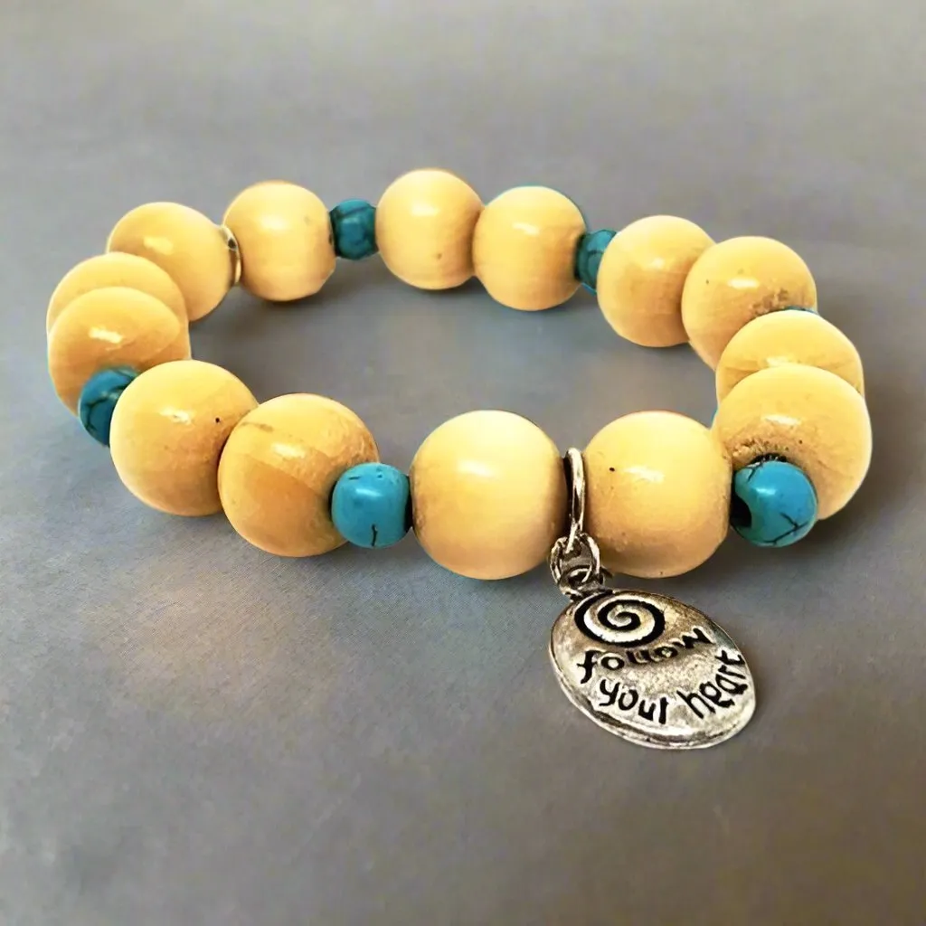 Boho "Follow Your Heart" Charm Bracelet with Turquoise Howlite & Natural Wood Beads  Handmade Bracelet