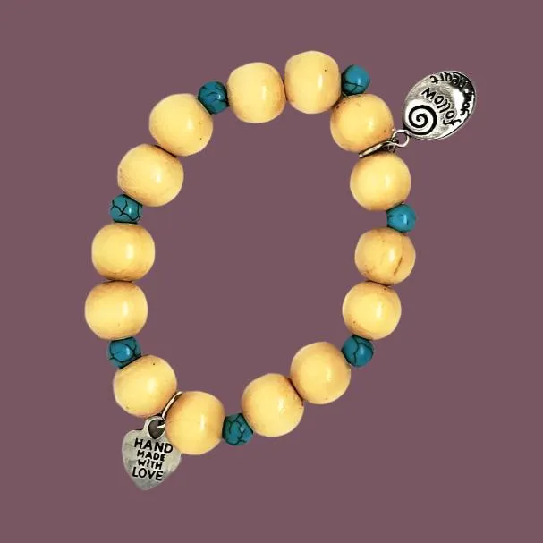 Boho "Follow Your Heart" Charm Bracelet with Turquoise Howlite & Natural Wood Beads  Handmade Bracelet