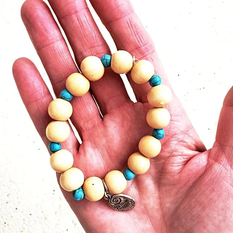 Boho "Follow Your Heart" Charm Bracelet with Turquoise Howlite & Natural Wood Beads  Handmade Bracelet