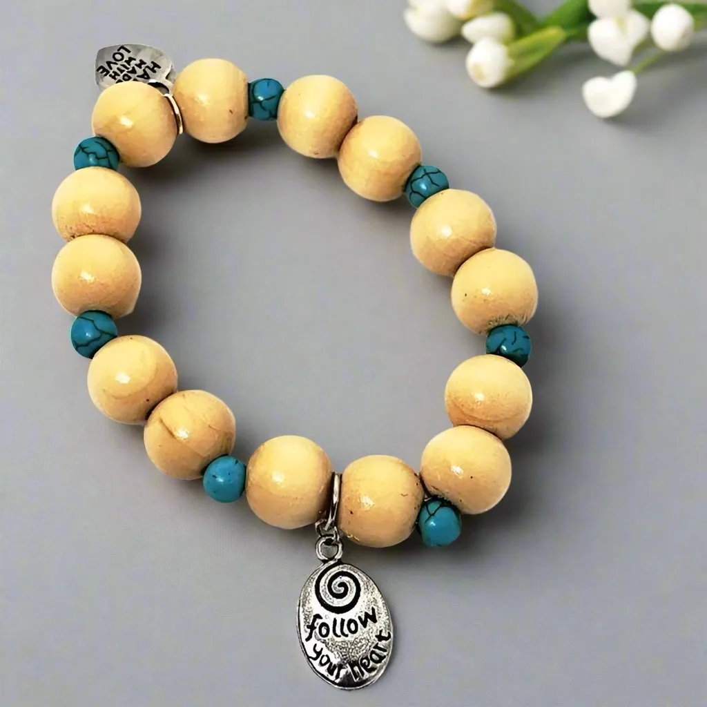Boho "Follow Your Heart" Charm Bracelet with Turquoise Howlite & Natural Wood Beads  Handmade Bracelet