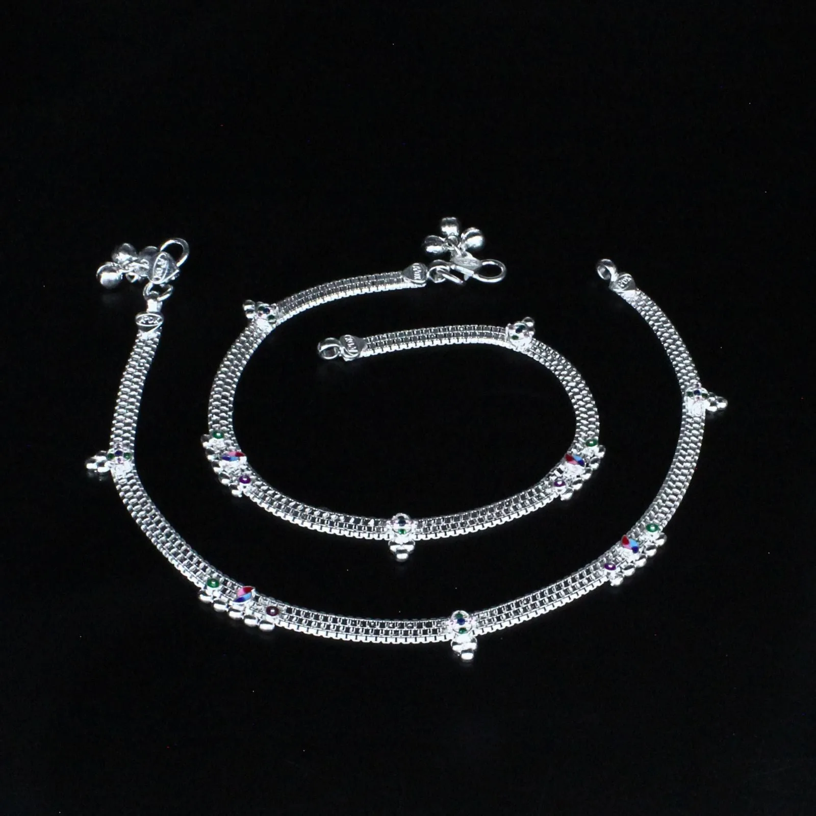 Boho style Real Sterling Silver Indian women Multi CZ Anklet Ankle Pair 10.3"