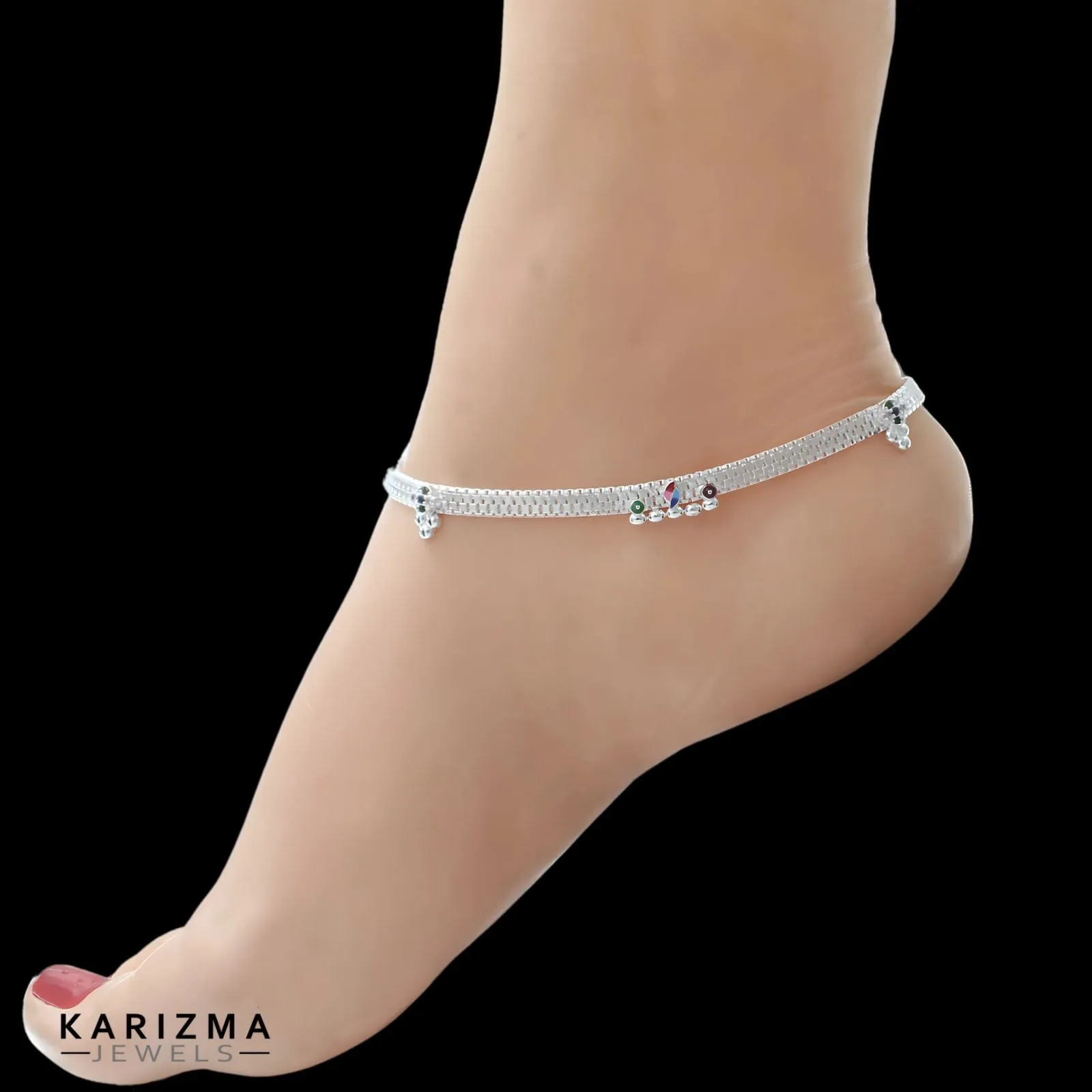 Boho style Real Sterling Silver Indian women Multi CZ Anklet Ankle Pair 10.3"
