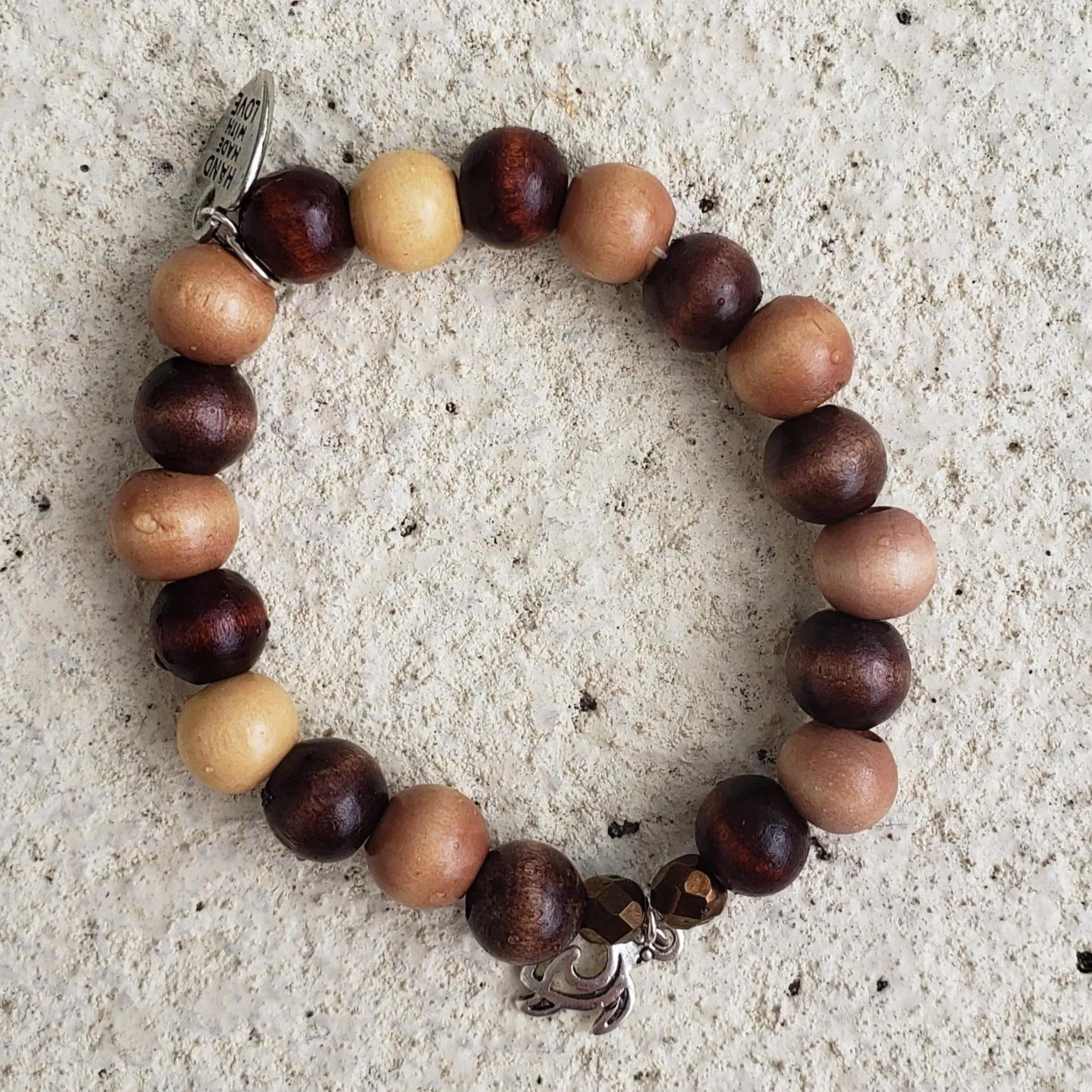 Boho Style Stretch Turtle Charm Bracelet with Natural Wood Beads-Handmade