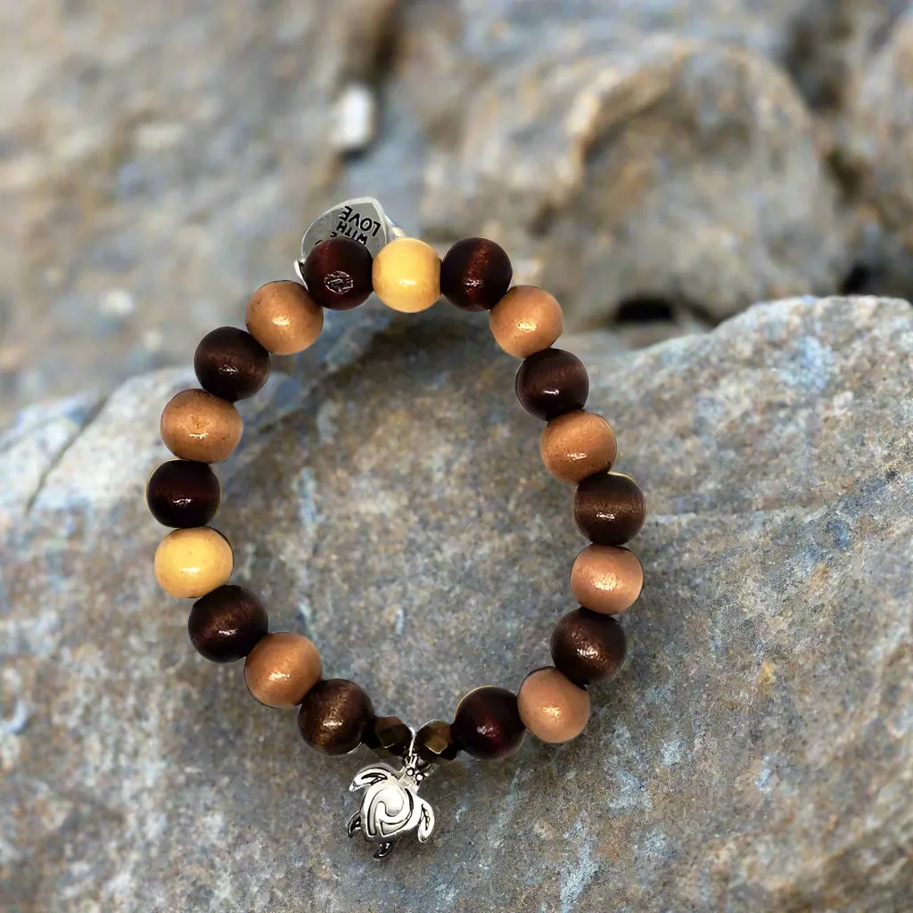 Boho Style Stretch Turtle Charm Bracelet with Natural Wood Beads-Handmade