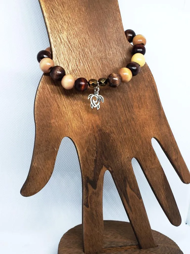 Boho Style Stretch Turtle Charm Bracelet with Natural Wood Beads-Handmade