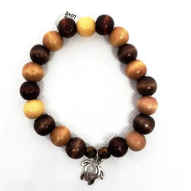 Boho Style Stretch Turtle Charm Bracelet with Natural Wood Beads-Handmade