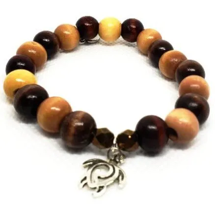 Boho Style Stretch Turtle Charm Bracelet with Natural Wood Beads-Handmade