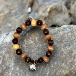 Boho Style Stretch Turtle Charm Bracelet with Natural Wood Beads-Handmade